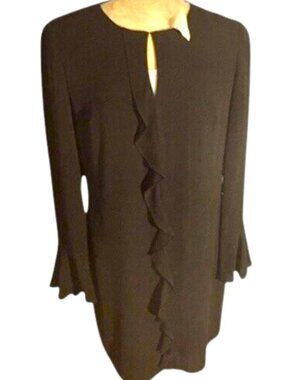 London Times Black Ruffle Front Sheath Dress Long Sleeve Career Cocktail Size 6